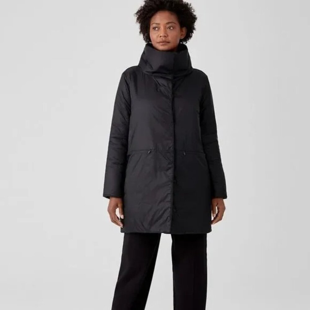 Eileen Fisher Eggshell Recycled Nylon Stand Collar Coat
